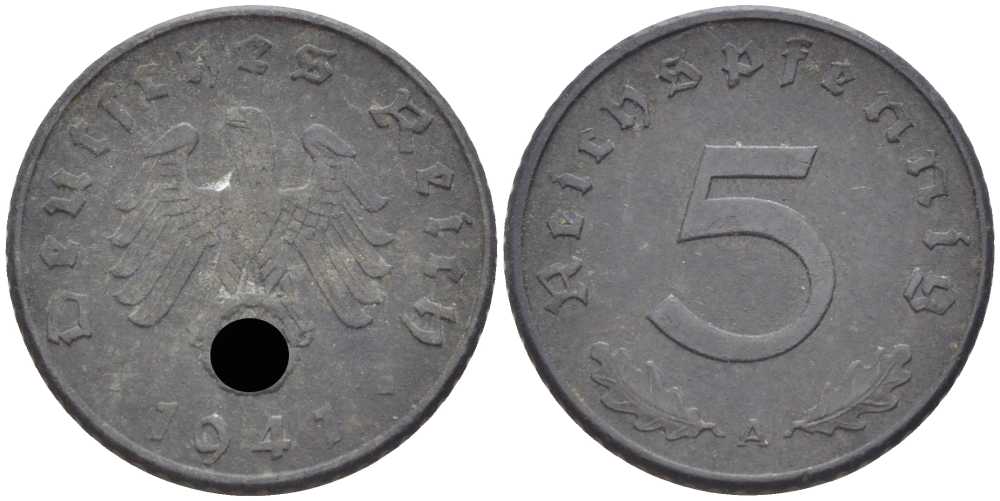 ГЕРМАНИЯ 5 РЕЙХСПФЕННИГОВ 1941 A KM 100, J. 370 цинк 105-249