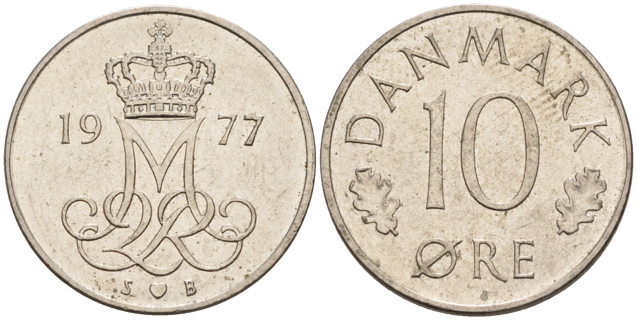 ДАНИЯ 10 ЭРЕ 1977 S; B, МАРГРЕТЕ II (1972-) KM 860.1 медно-никель 4564-1233