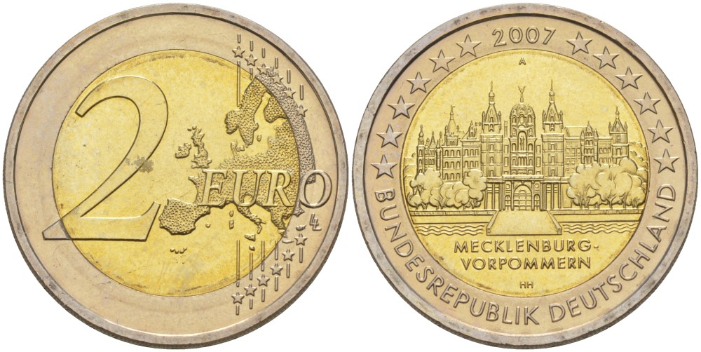 ФРГ 2 евро 2007 A, серия федеральные земли, Мекленбург-Передняя Померания, Шверинский замок KM 260 биметалл UNC 4111-736