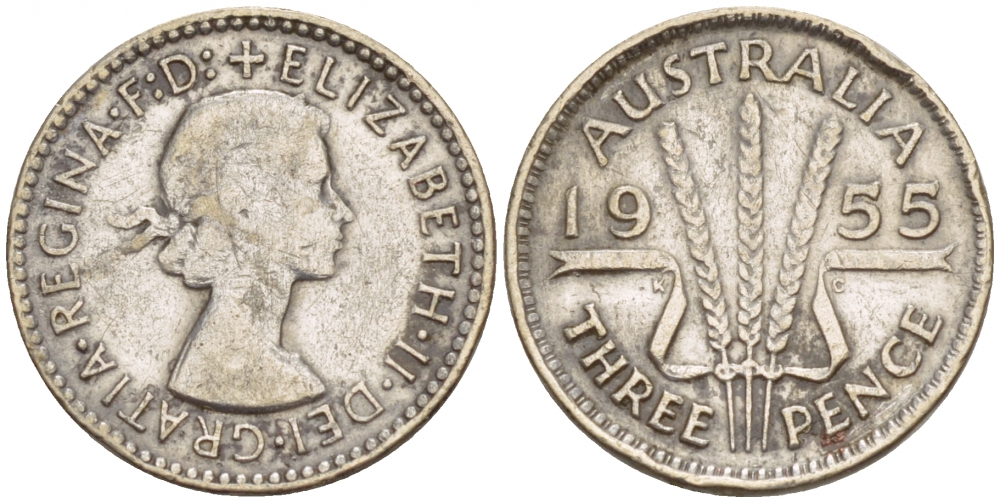 Австралия 3 пенса 1955 m, Елизавета II (1952-2022) KM 57 серебро 4547-969