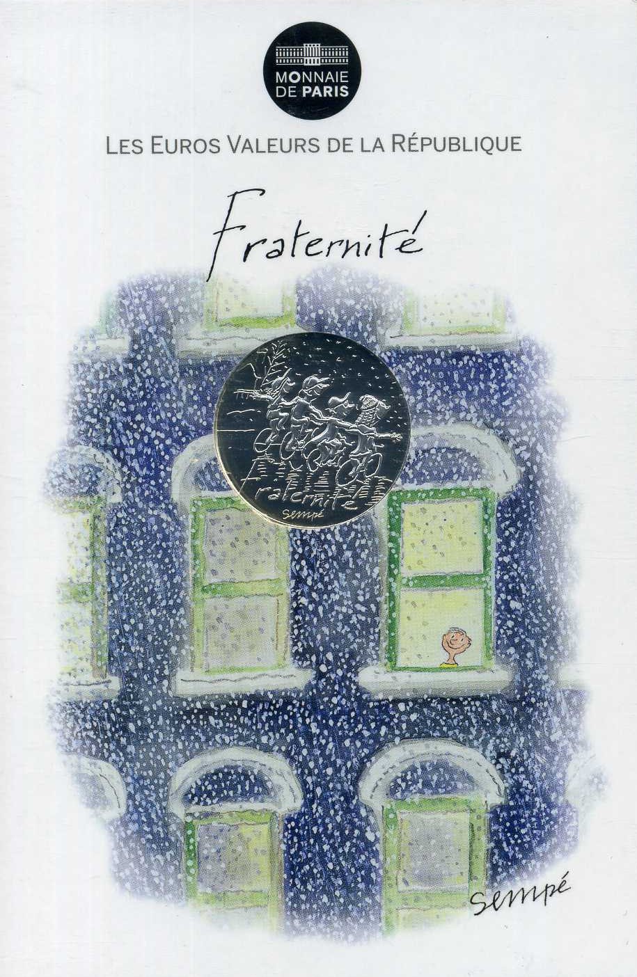 Франция 10 евро 2014 карикатуры Жан-Жака Сампе, зима-братство, дети шарфах на велосипедах, в оригинальном буклете KM NEW серебро UNC 1-4-3-07