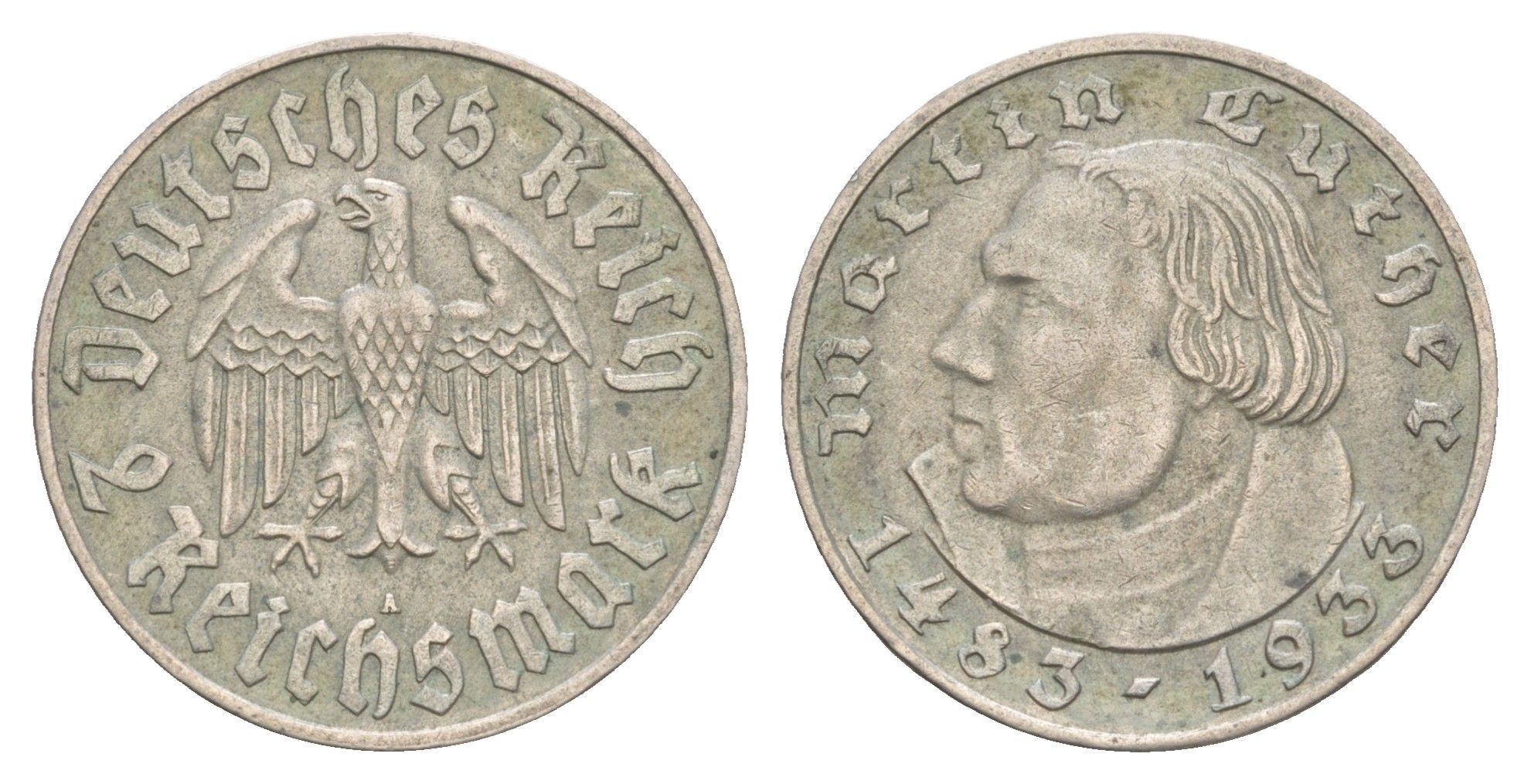 Германия 2 рейхсмарки 1933 A, 450 лет со дня рождения Мартина Лютера KM 79 серебро 1525-1045