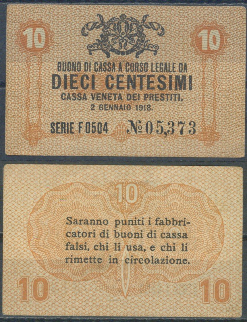Италия 10 чентезимо 1918 	Венецианский ссудный банк Pick M2 бумага 7554-20-4-1
