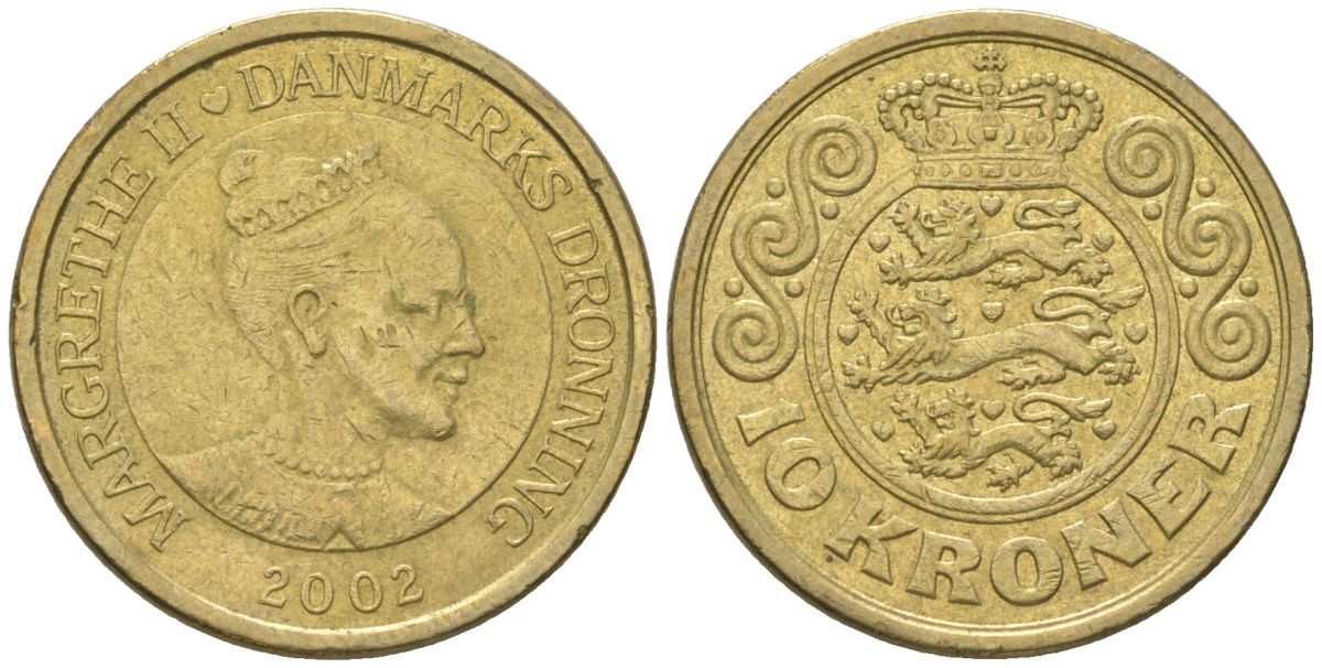 Дания 10 крон 2002 Маргрете II (1972-2024), редкий год KM 887 алюминиевая бронза 4616-746