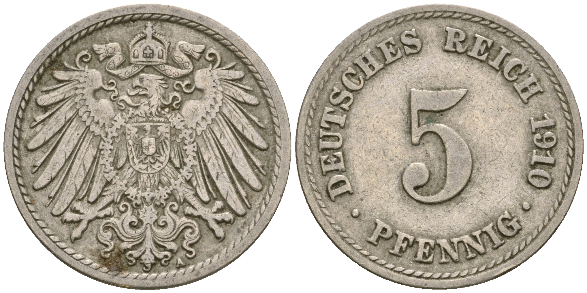 Германия 5 пфеннигов 1910 A, KM 11, J. 12 медно-никель 4364-2554