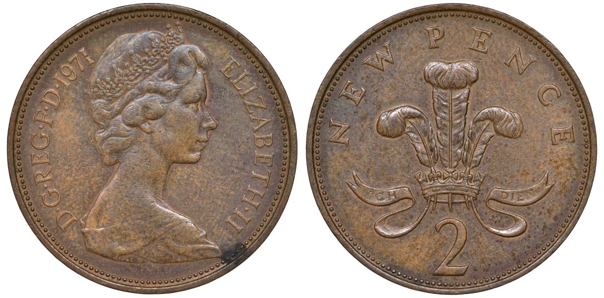 Великобритания 2 пенса 1971 Елизавета II (1952-2022) KM 916, Spink 4235 (C1) бронза 72-317