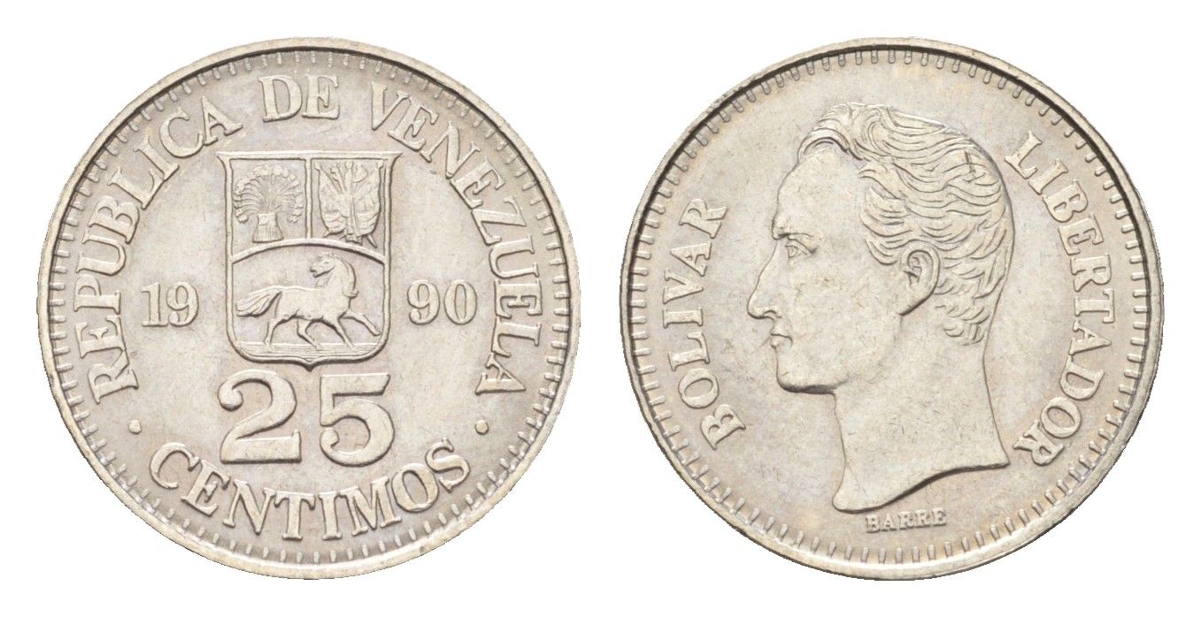 Венесуэла 25 сентимо 1990 Симон Боливар Y 50a сталь плакированная никелем UNC 4668-1034