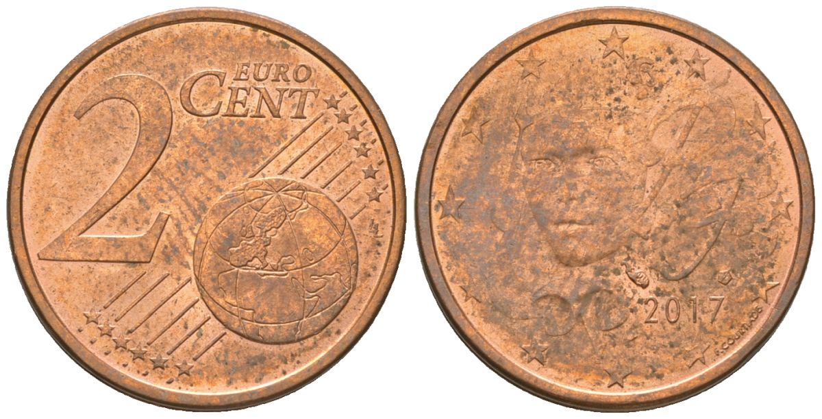 Франция 2 евроцента 2017 KM 1283 сталь плакированная медью 4580-334