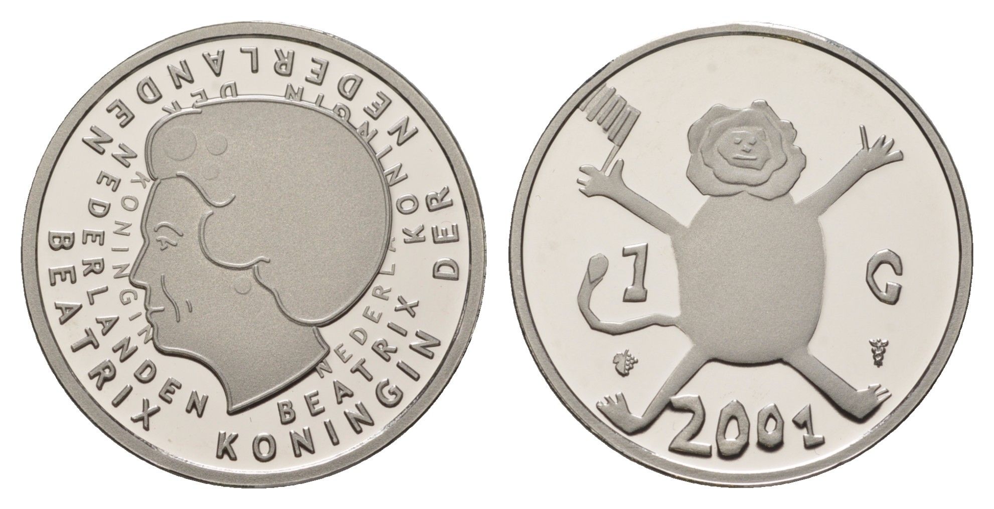 Нидерланды 1 гульден 2001 Последний гульден, детский рисунок - лев с флагом в руках, в оригинальном футляре, с сертификатом KM 233 никель PROOF 4-3-2-30