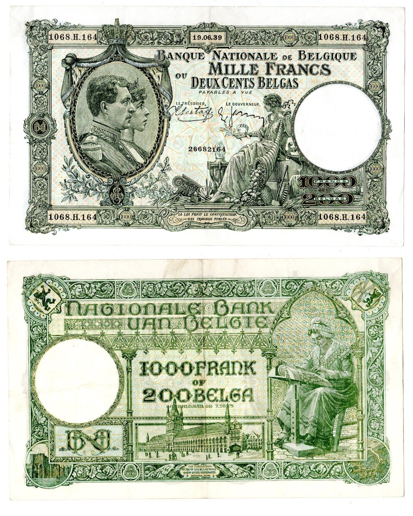 Бельгия 1000 франков 1939 Pick 104 (3) бумага 451-1175-1