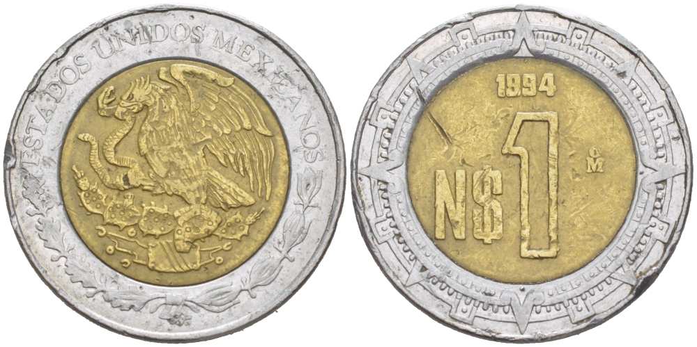 Мексика 1 песо 1994 KM 550 биметалл 217-537