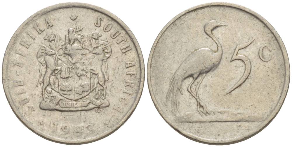 ЮАР 5 центов 1983 герб, райский журавль KM 84 никель 4549-152