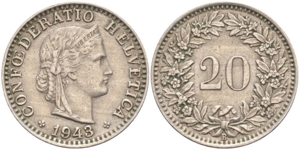 ШВЕЙЦАРИЯ 20 РАППЕНОВ 1943 В KM 29a медно-никель 55-656