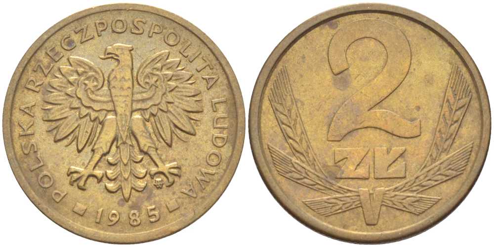 ПОЛЬША 2 ЗЛОТЫХ 1985 MW KM 80.1 латунь 76-641