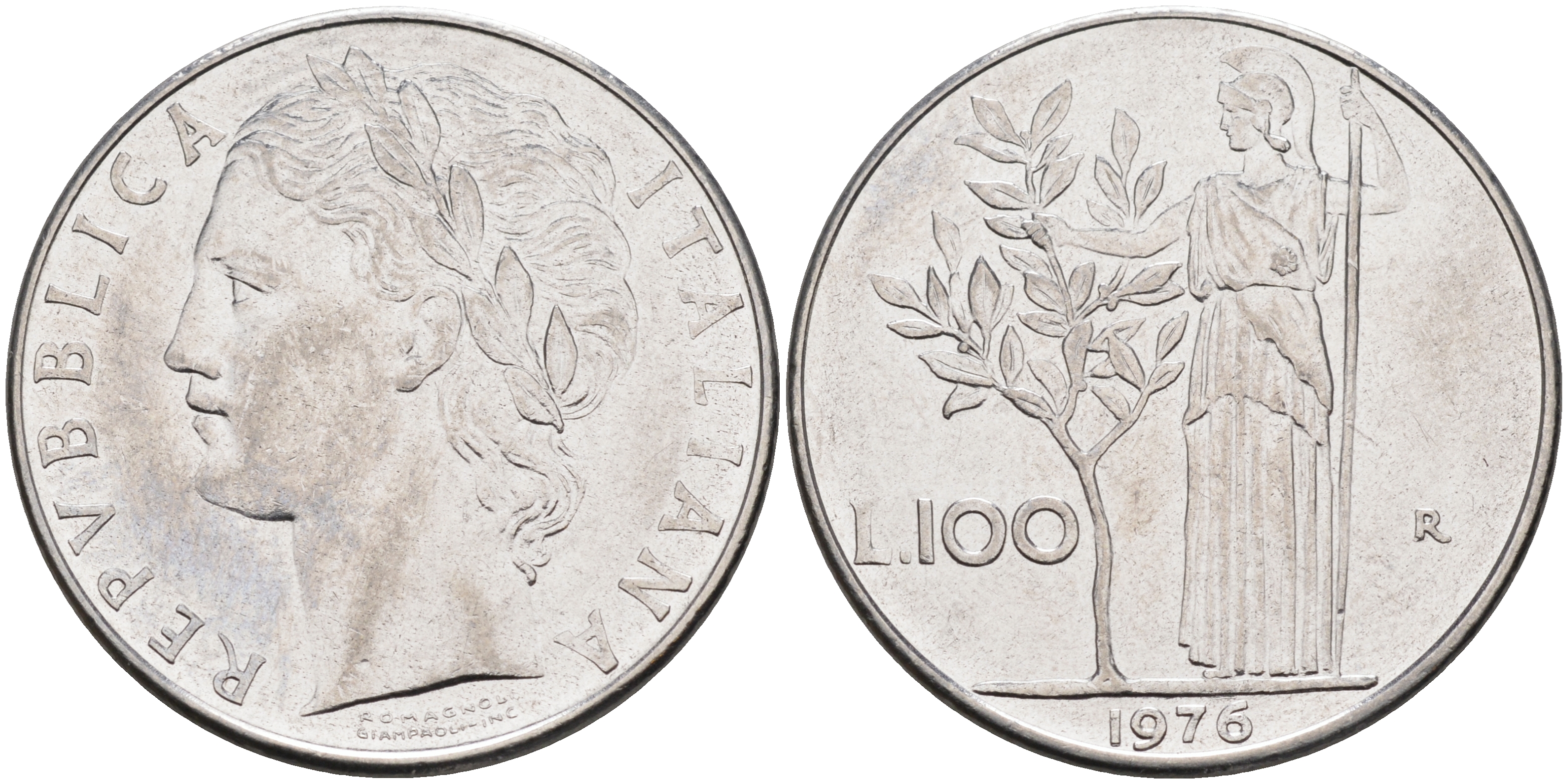 Италия 100 лир 1976 R, Афина KM 96.1 нержавеющая сталь 4117-334