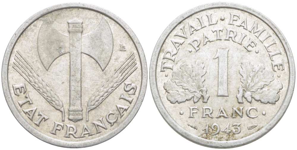 ФРАНЦИЯ 1 ФРАНК 1943 ТИП LEGERE, ПРАВИТЕЛЬСТВО ВИШИ KM 902.1, LE FRANC 223.3 алюминий 202-621