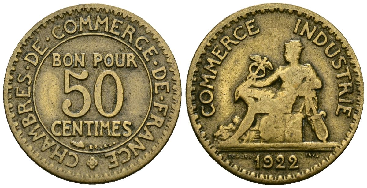 Франция 50 сантимов 1922 тип Chambre de Commerce KM 884, Le Franc 191.5 алюминиевая бронза 4173-1125