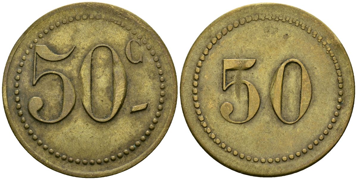 Франция 50 сантимов XIX-XX век ресторанный жетон латунь 4166-1235