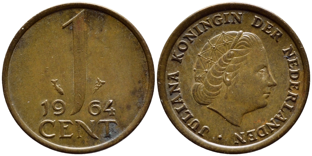Нидерланды 1 цент 1964 Юлиана (1949-1980) KM 180 бронза 4392-1362