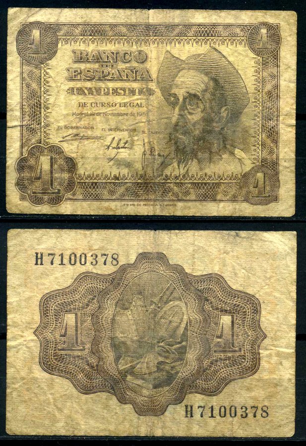Испания 1 песета 1951 19 ноября 1951, Дон Кихот де Ла Манча Pick 139а бумага 7207-46-2-2