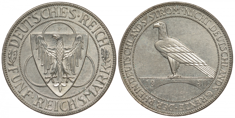 Германия 5 марок 1930 F, освобождение Рейнланда J. 346, KM 71 серебро aUNC 00-804-06