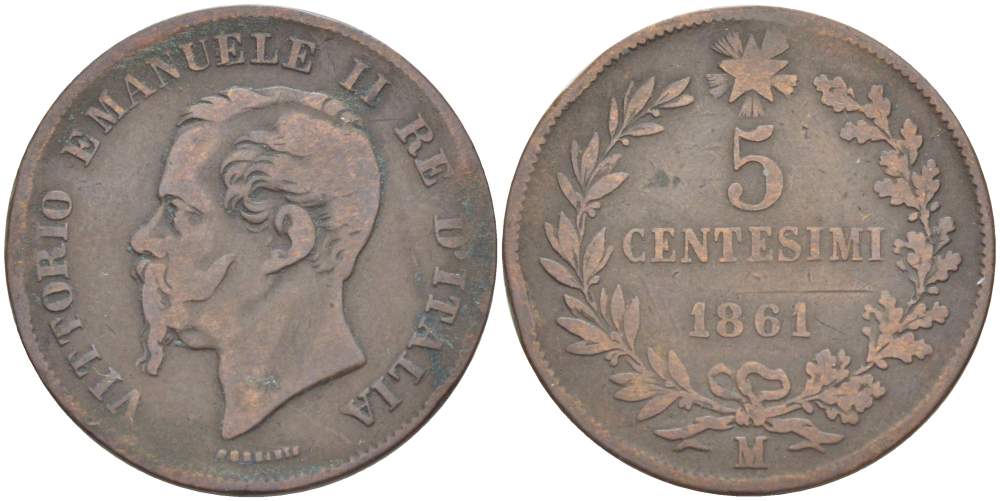 ИТАЛИЯ 5 ЧЕНТЕЗИМО 1861 М, МОНДВОР МИЛАН, ВИКТОР ЭММАНУИЛ II (1861-1878) KM 3.2 медь 4182-1254