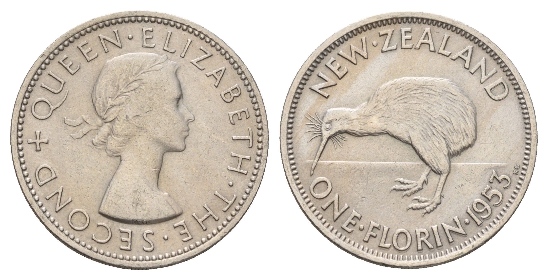 Новая Зеландия 2 шиллинга (флорин) 1953 Елизавета II (1952-2022), птичка киви, год-тип KM 28.1 медно-никель 4127-2013