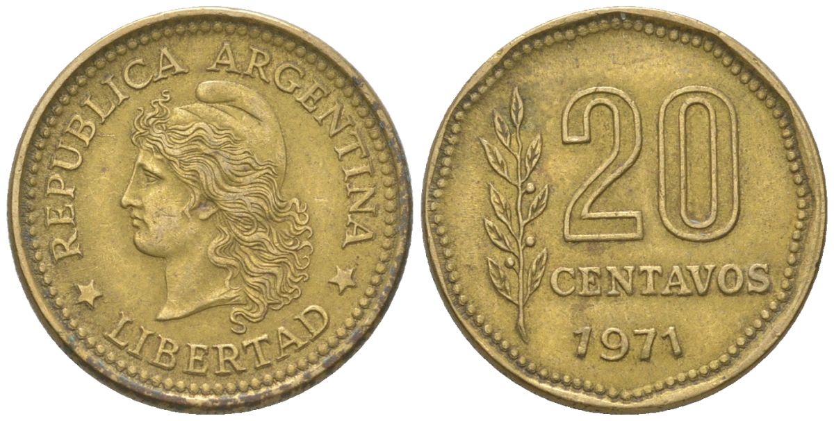 Аргентина 20 сентаво 1971 KM 67 латунь 4611-615