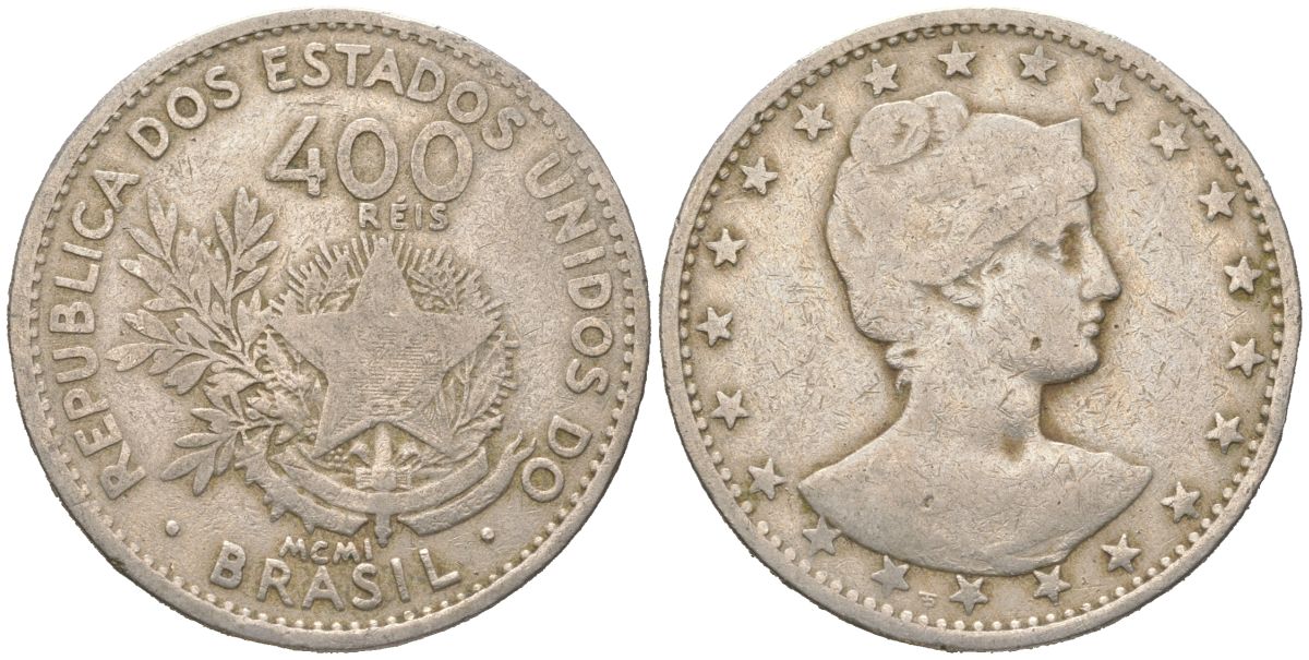 Бразилия 400 реалов 1901 MCMI, голова свободы вправо KM 505 медно-никель 4612-521