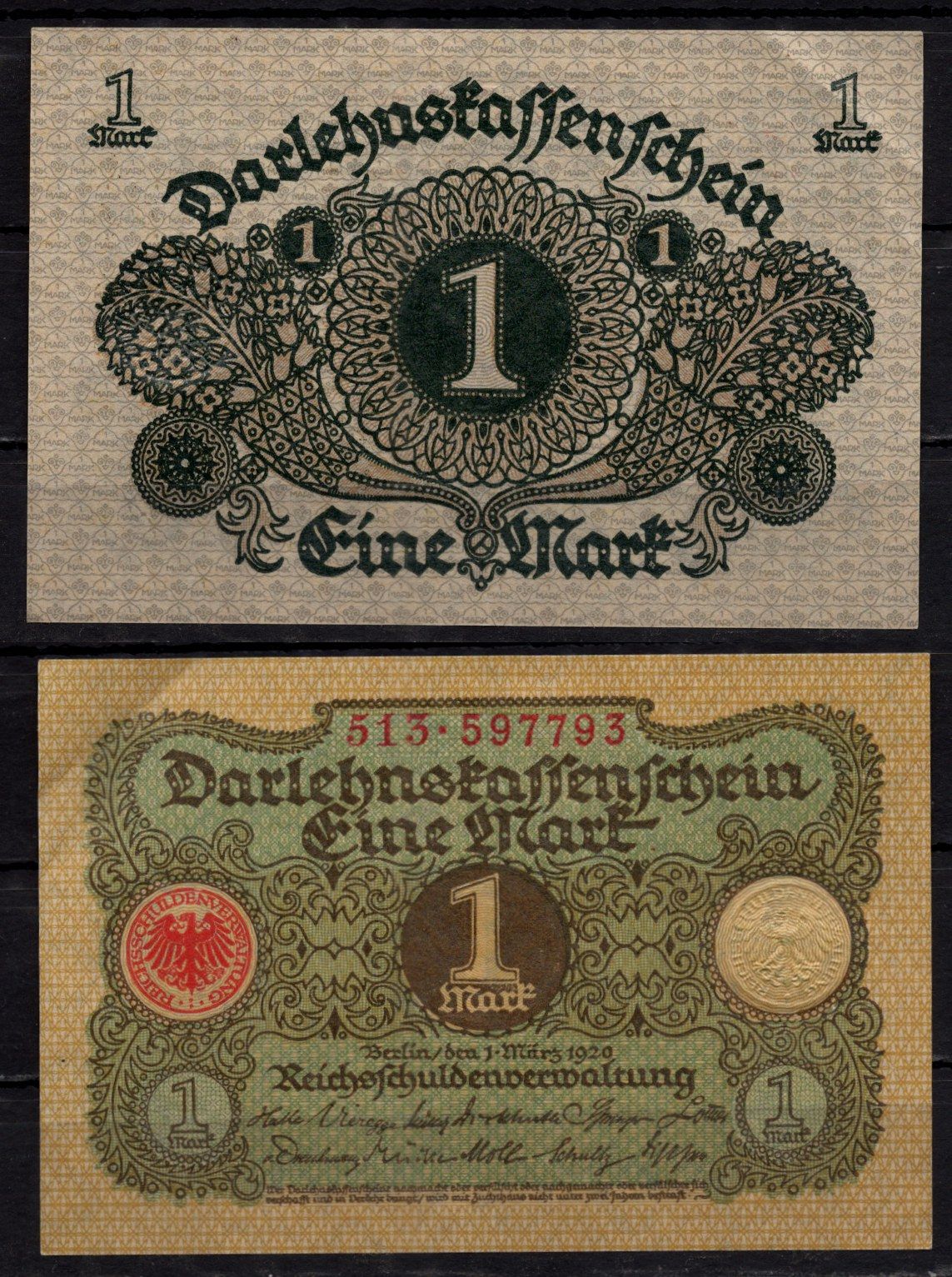Германия 1 марка 1920 Pick 58 бумага 7198-27-2-2