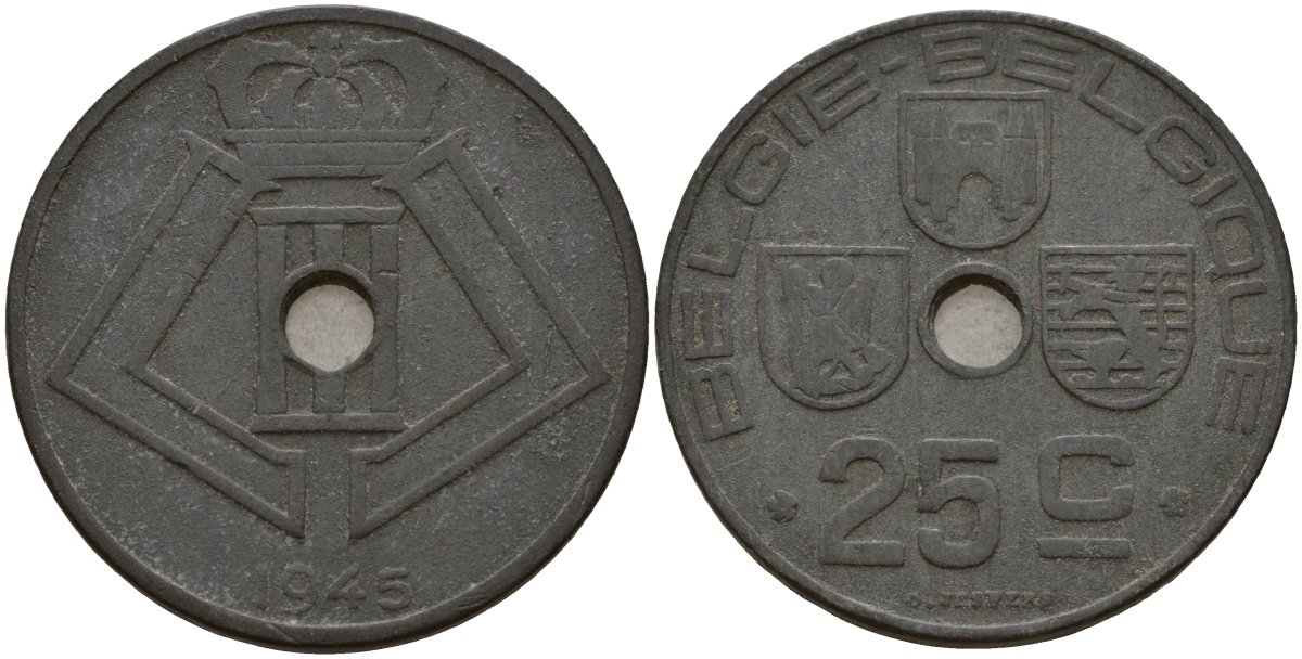 Бельгия 25 сантимов 1945 Belgie - Belgique, Леопольд III (1934-1947), германская оккупация, Вторая мировая война KM 132 цинк 4157-642