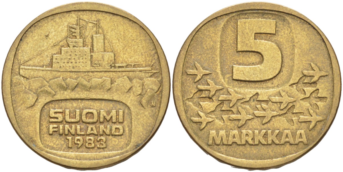 Финляндия 5 марок 1983 N, ледокол KM 57 алюминиевая бронза 3855-1213