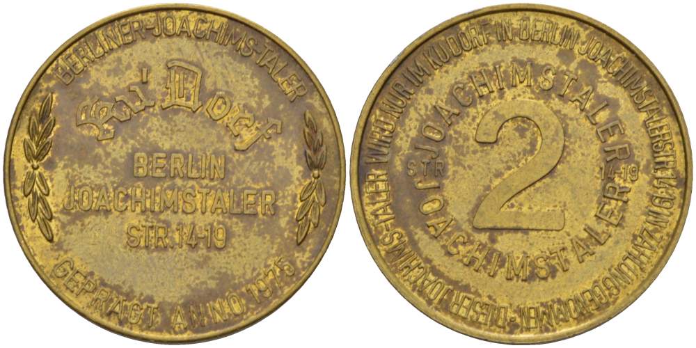 ГЕРМАНИЯ ЖЕТОН 1975 2 ИЕРОХИМТАЛЕР, БЕРЛИН, ИЕРОХИМШТРАССЕ 14-19, ДИАМЕТР 20 ММ. латунь 4527-933