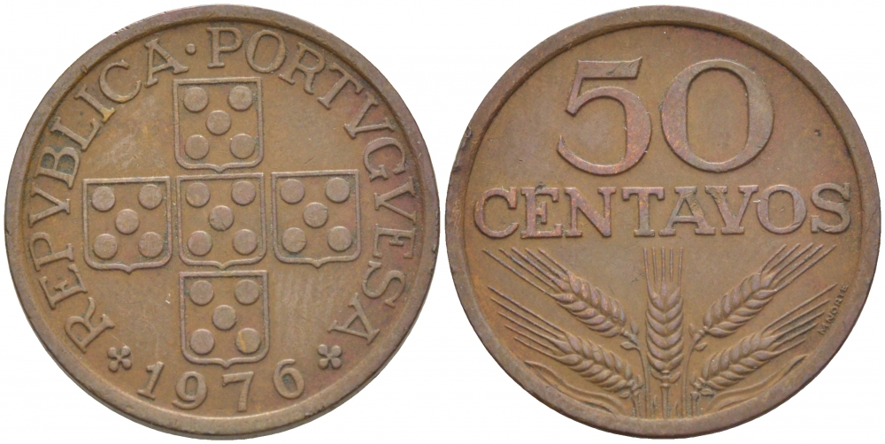 ПОРТУГАЛИЯ 50 СЕНТАВО 1976 KM 596 бронза 3718-445