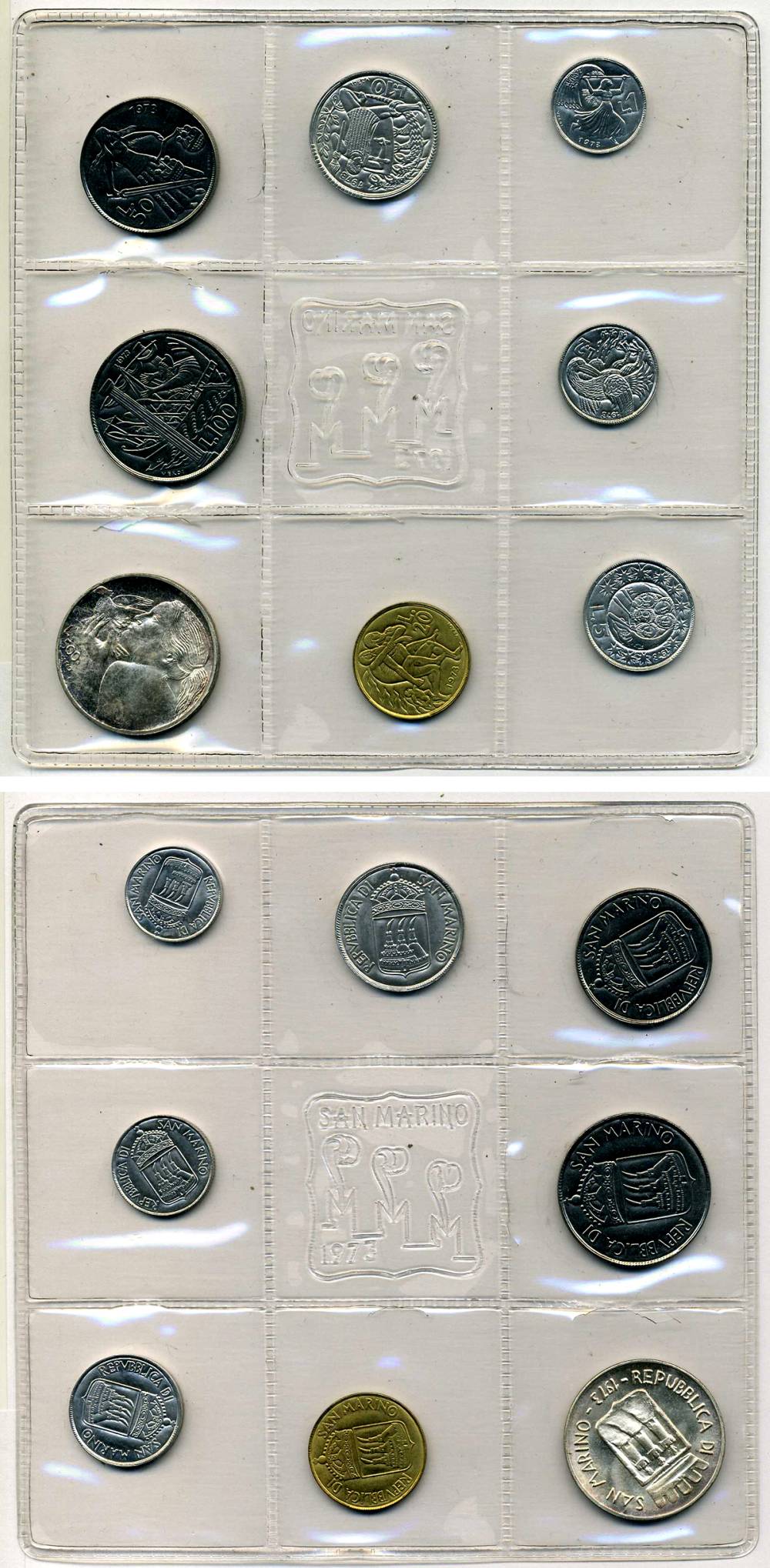 Сан-Марино годовой набор из 8 монет 1973 1, 2, 5, 10, 20, 50, 100 и 500 лир ребёнок держит голубя KM 22-29, в оригинальной пластиковой запайке серебро KM MS2 серебро UNC 3-4-5-27