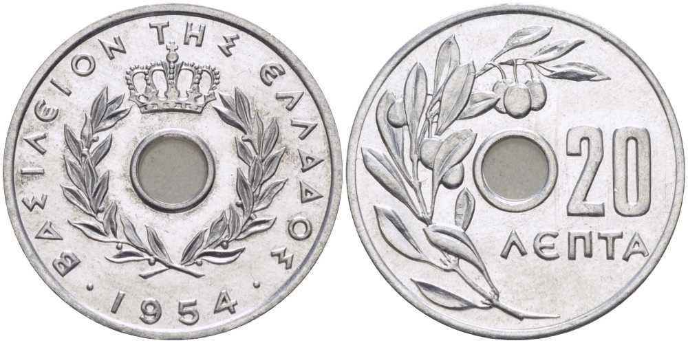 Греция 20 лепта 1954 Павел I (1947-1964), оливковая ветвь KM 79 алюминий UNC 28-431