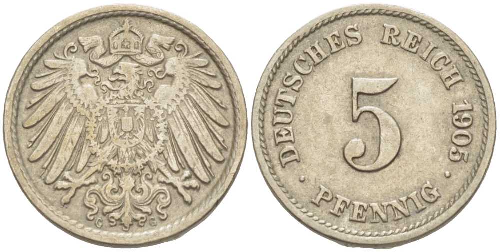 ГЕРМАНИЯ 5 ПФЕННИГОВ 1905 G KM 11, J. 12 медно-никель 105-113