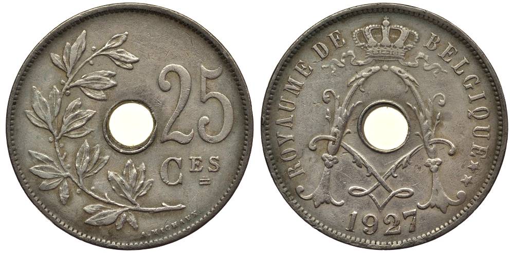 БЕЛЬГИЯ 25 САНТИМОВ 1927 BELGIQUE, АЛЬБЕРТ I (1909-1934) KM 68.1 медно-никель 27-925