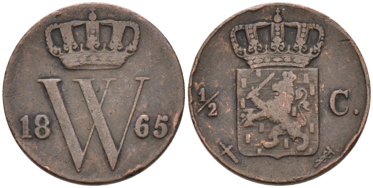 Нидерланды 1/2 цента 1865 Виллем III (1849-1890) KM 90 медь 4576-746