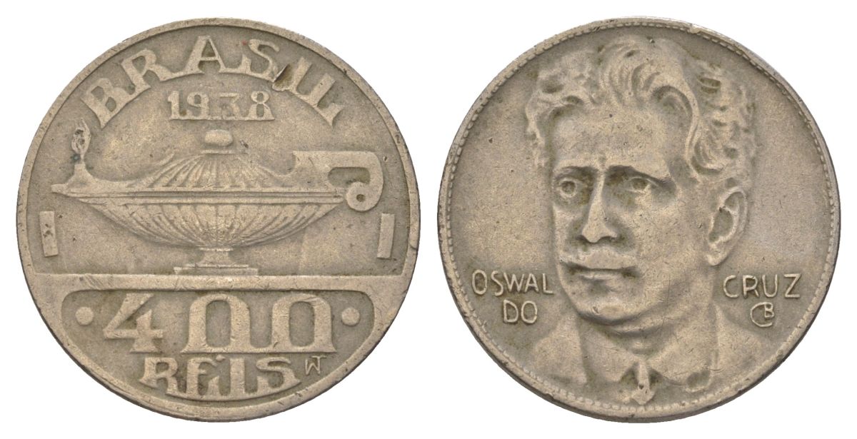 Бразилия 400 реалов 1938 Освалду Крус KM 539 медно-никель 4624-1257
