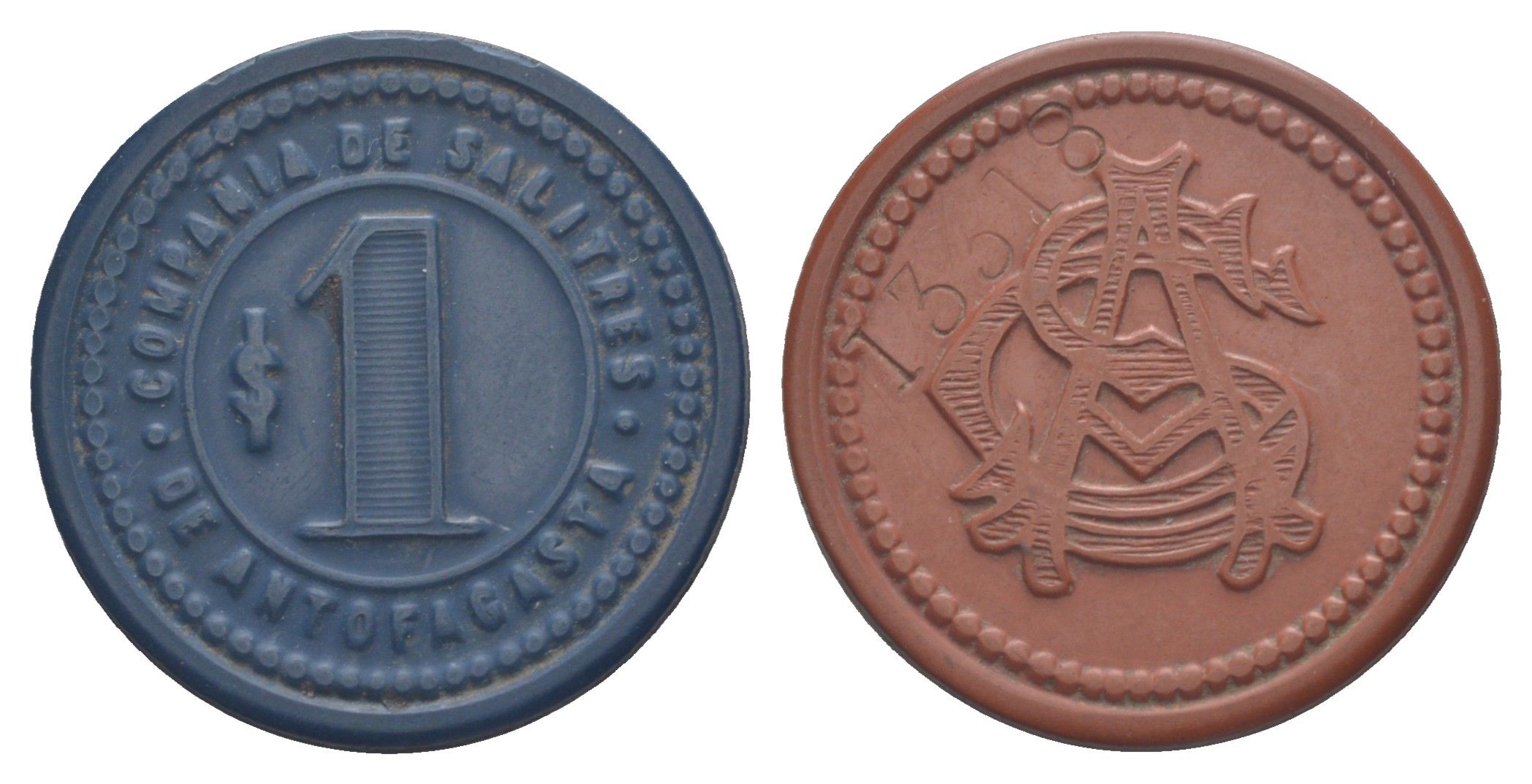 Чили, Антофагаста (Antofagasta) шахтерский жетон с Селитряного рудника для покупки в местных магазинах, номиналом в 1 песо около 1904 диаметр 35 мм, вес 3,87 гр Espinosa 22.8 эбонит (синий) 1094-11-31