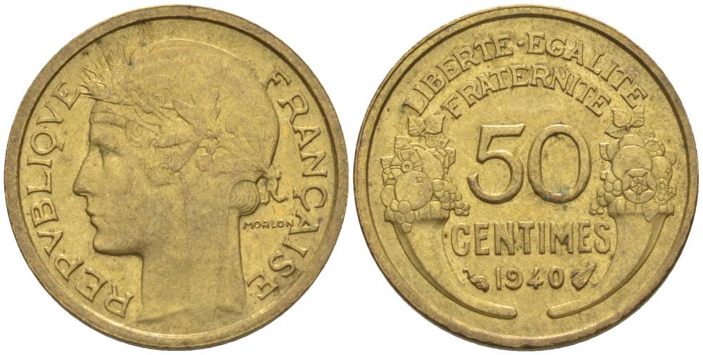 ФРАНЦИЯ 50 САНТИМОВ 1940 ТИП MORLON KM 894.1, LE FRANC 192.17 алюминиевая бронза 44-756