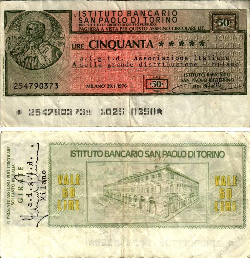 Италия чек на 50 лир 1976 Милан, 29 января 1976, (instituto Bancario SAN Paolo Di TORINO) бумага 6280-33-1-2