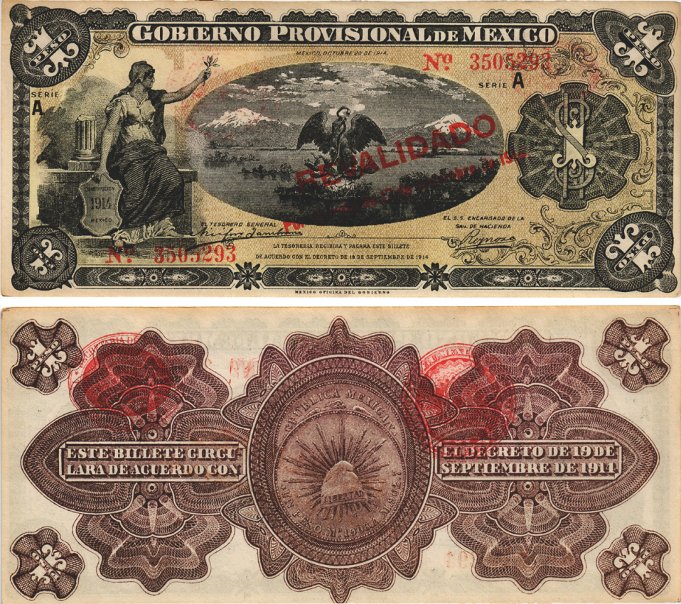 Мексика, Революция 1 песо 1915 Переходное правительство Мексики, город Мехико, надпечатка REVALIDADO Pick S701b бумага 6283-16-2