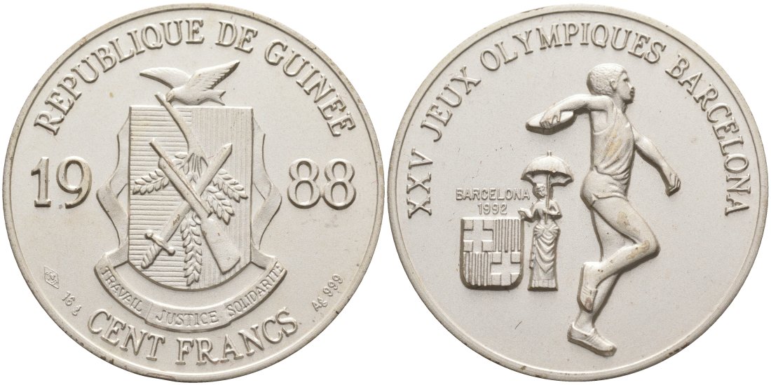 Гвинея 100 франков 1988 XXV олимпийские игры в Барселоне, дискобол, матовая KM 57 серебро UNC 11-076-25