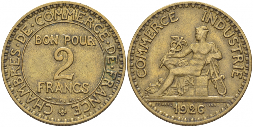 ФРАНЦИЯ 2 ФРАНКА 1926 KM 877 алюминиевая бронза 1515-424