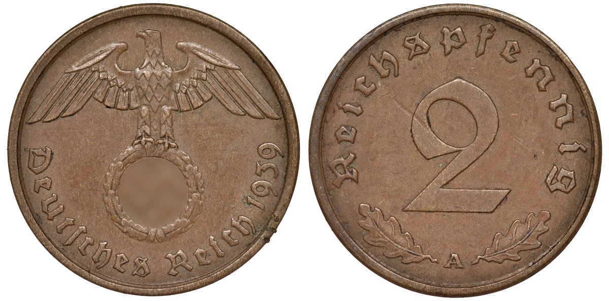 Германия 2 рейхспфеннига 1939 A - Берлин KM 90 бронза 4173-646