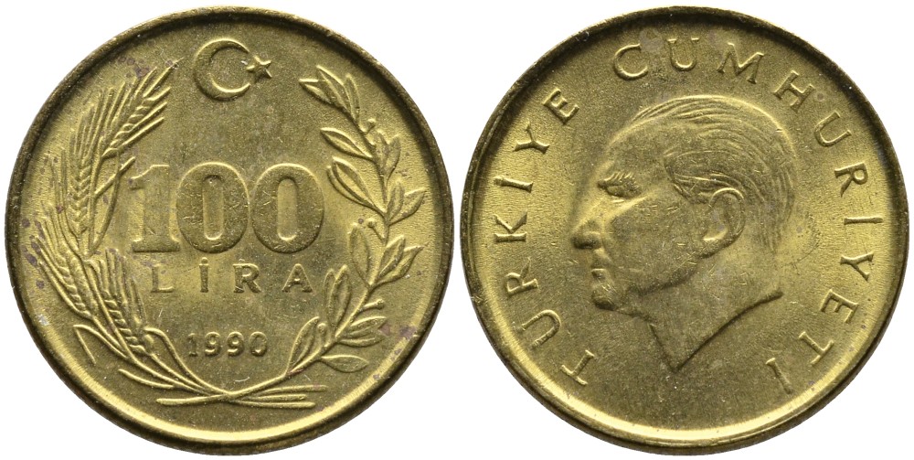 Турция 100 лир 1990 Кемаль Ататюрк KM 988 алюминиевая бронза 4541-431