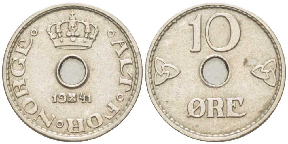 НОРВЕГИЯ 10 ЭРЕ 1941 ХАКОН VII (1905-1957) KM 383 медно-никель 211-1168