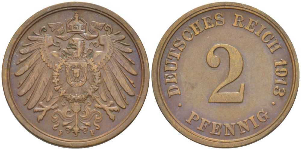 Германия 2 пфеннига 1913 F KM 16, J. 11, Weege 4 медь 206-633